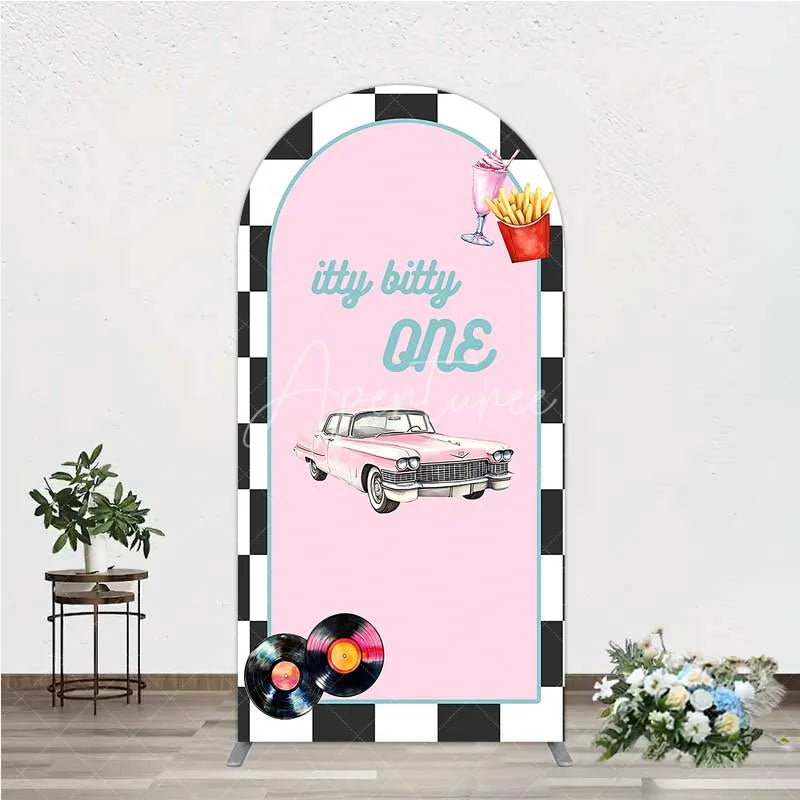 Aperturee - Aperturee Retro 50s Diner Arch Backdrop Pink Classic Car and Milkshake 1st Birthday Party Decoration