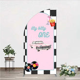 Aperturee - Aperturee Retro 50s Diner Half Moon Arch Backdrop Pink Classic Car and Milkshake 1st Birthday Party Decoration