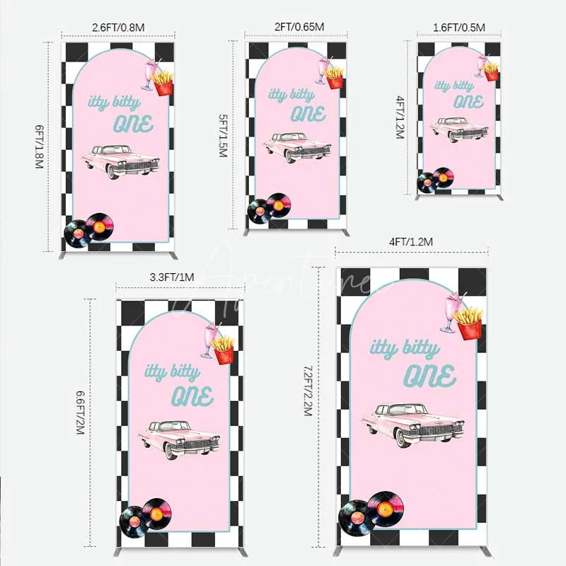 Aperturee - Aperturee Retro 50s Diner Rectangle Backdrop Pink Classic Car and Milkshake 1st Birthday Party Decoration