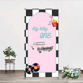 Aperturee - Aperturee Retro 50s Diner Rectangle Backdrop Pink Classic Car and Milkshake 1st Birthday Party Decoration