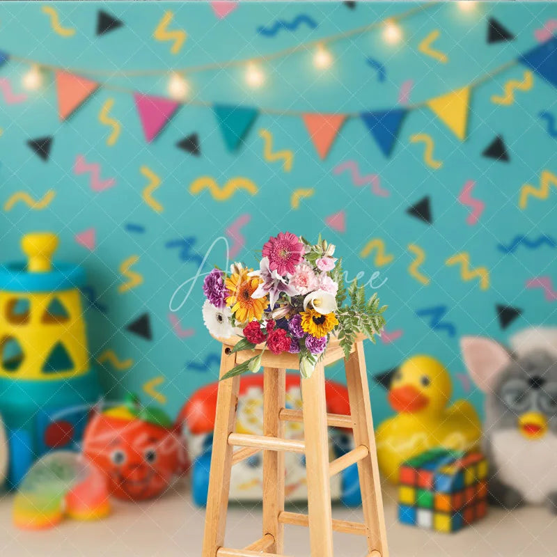 Aperturee - Aperturee Retro 90s Toys and Pattern Photo Backdrop I Love the 90s Birthday Photography Background