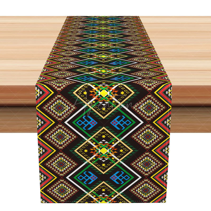 Aperturee - Aperturee Retro African Table Runner with Ethnic Geometric Pattern for Tribal and Bohemian Inspired Home Decor