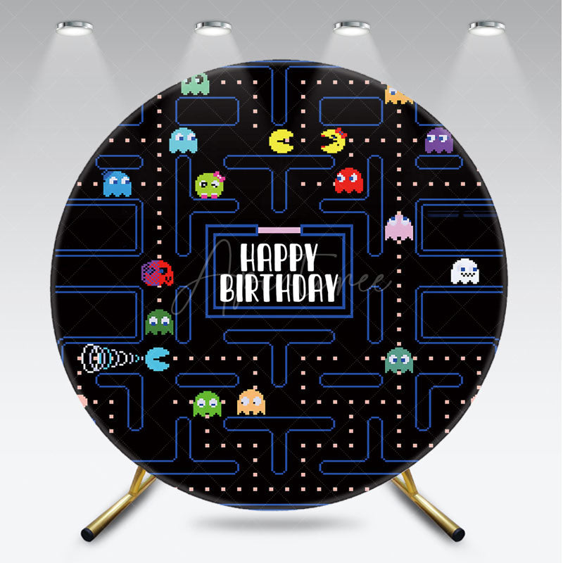 Aperturee Aperturee Retro Arcade Game Birthday Round Backdrop 80s Video Game Boy Party Pixelated Maze and Ghosts Photo Prop