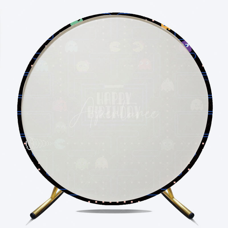 Aperturee Aperturee Retro Arcade Game Birthday Round Backdrop 80s Video Game Boy Party Pixelated Maze and Ghosts Photo Prop