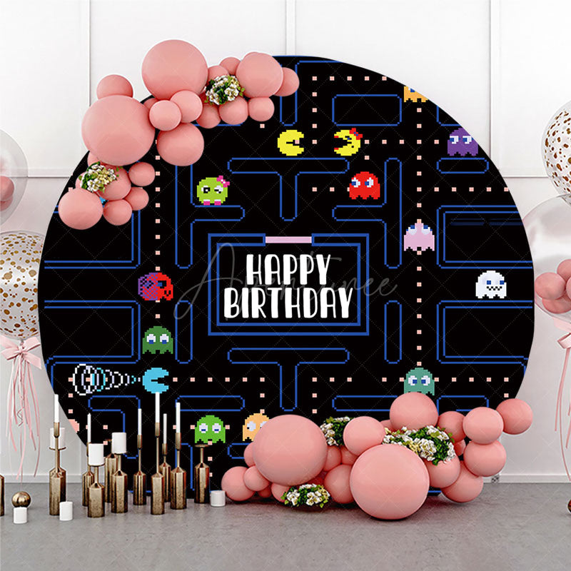 Aperturee Aperturee Retro Arcade Game Birthday Round Backdrop 80s Video Game Boy Party Pixelated Maze and Ghosts Photo Prop