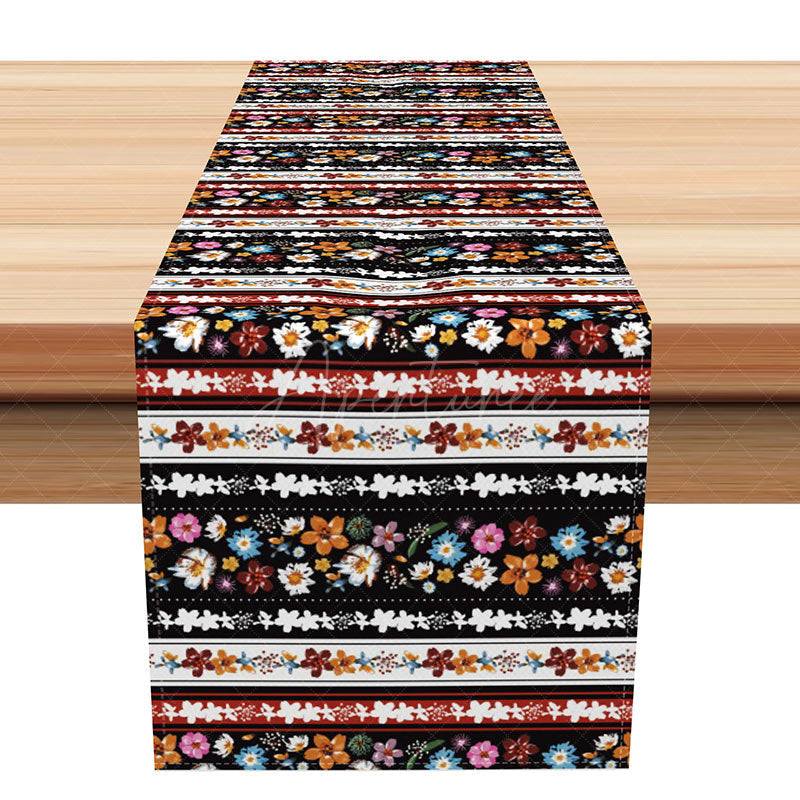 Aperturee - Aperturee Retro Aztec Style Table Runner with Floral and Stripe Pattern for Boho and Southwest Kitchen Decor