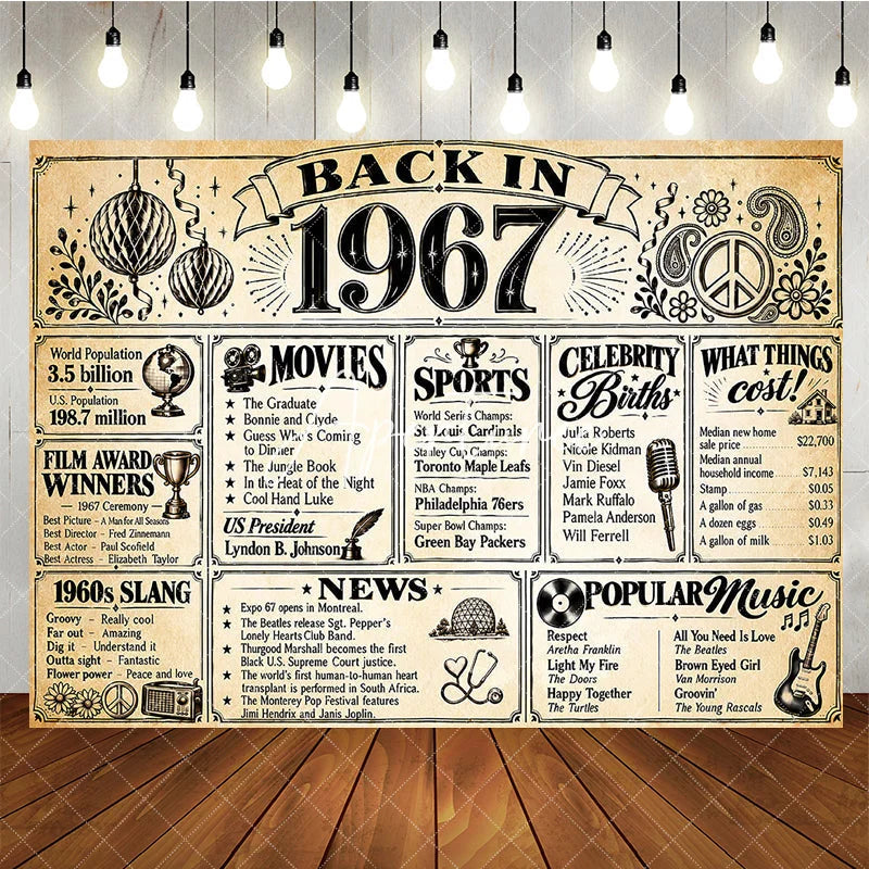 Aperturee - Aperturee Retro Back in 1967 Newspaper Style Birthday Backdrop with Historical Facts 1960s Slang and Popular Culture Party Decor