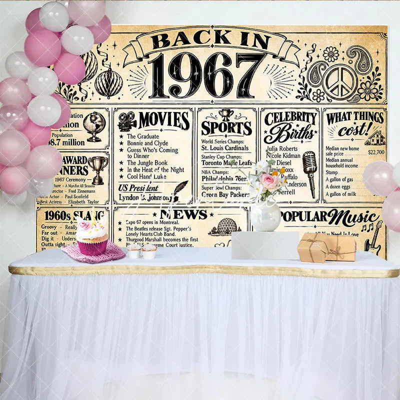 Aperturee - Aperturee Retro Back in 1967 Newspaper Style Birthday Backdrop with Historical Facts 1960s Slang and Popular Culture Party Decor