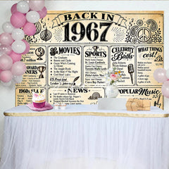 Aperturee - Aperturee Retro Back in 1967 Newspaper Style Birthday Backdrop with Historical Facts 1960s Slang and Popular Culture Party Decor