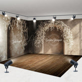 Aperturee - Aperturee Retro Beige Arch Wood Floor Floral Room Set Backdrop