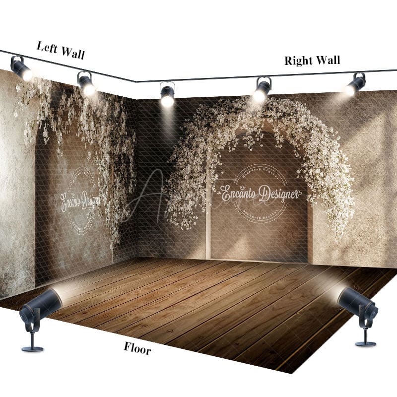 Aperturee - Aperturee Retro Beige Arch Wood Floor Floral Room Set Backdrop