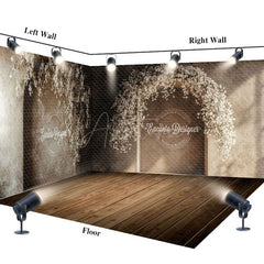Aperturee - Aperturee Retro Beige Arch Wood Floor Floral Room Set Backdrop