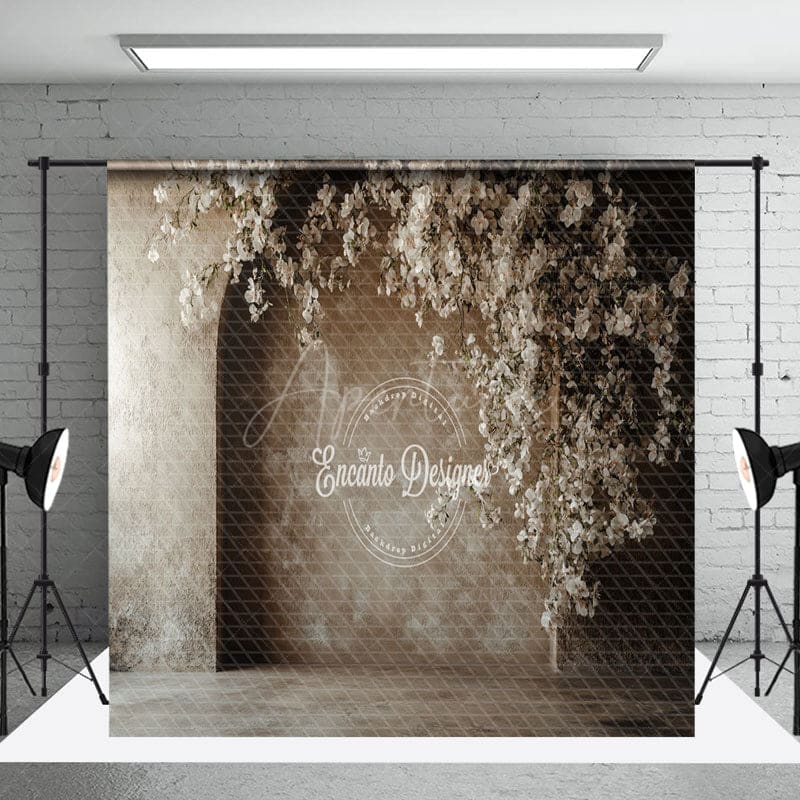 Aperturee - Aperturee Retro Beige Arch Wood Floor Floral Room Set Backdrop