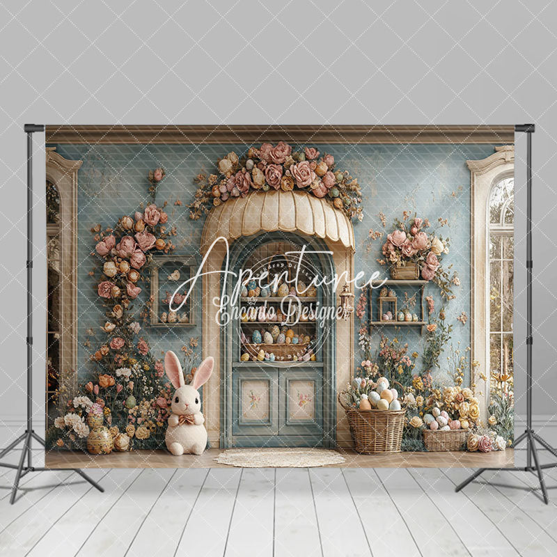 Aperturee - Aperturee Retro Beige Blue Egg Boutique Floral Easter Backdrop