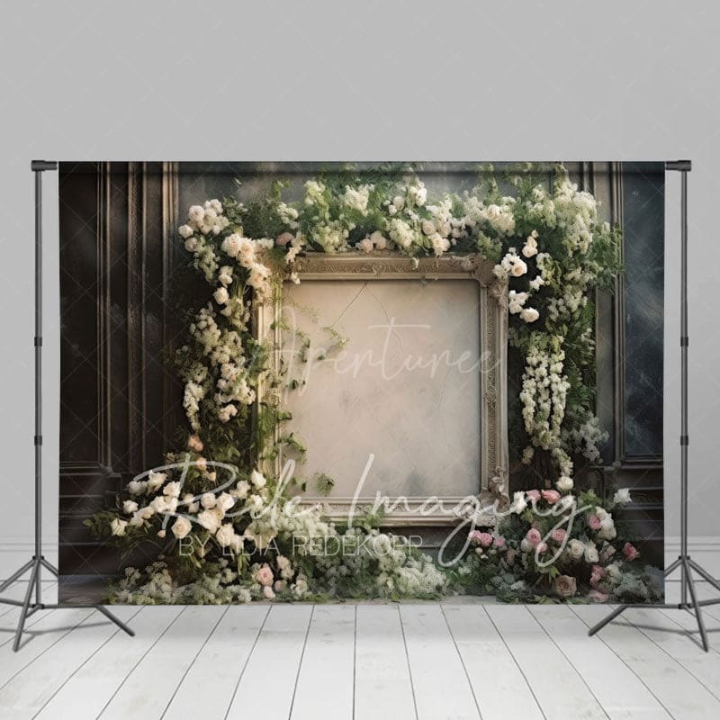 Aperturee - Aperturee Retro Black Wall Floral Frame Wedding Photo Backdrop