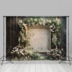 Aperturee - Aperturee Retro Black Wall Floral Frame Wedding Photo Backdrop