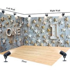 Aperturee - Aperturee Retro Blue One Birthday Cake Smash Room Set Backdrop