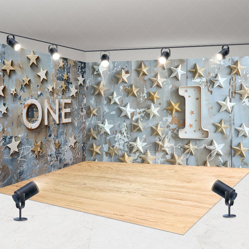 Aperturee - Aperturee Retro Blue One Birthday Cake Smash Room Set Backdrop