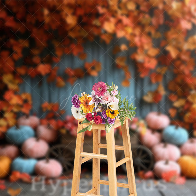 Aperturee - Aperturee Retro Blue Porch Maple Leaves Autumn Photo Backdrop