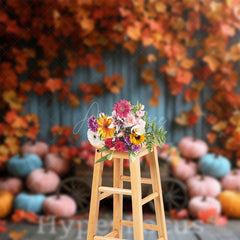 Aperturee - Aperturee Retro Blue Porch Maple Leaves Autumn Photo Backdrop