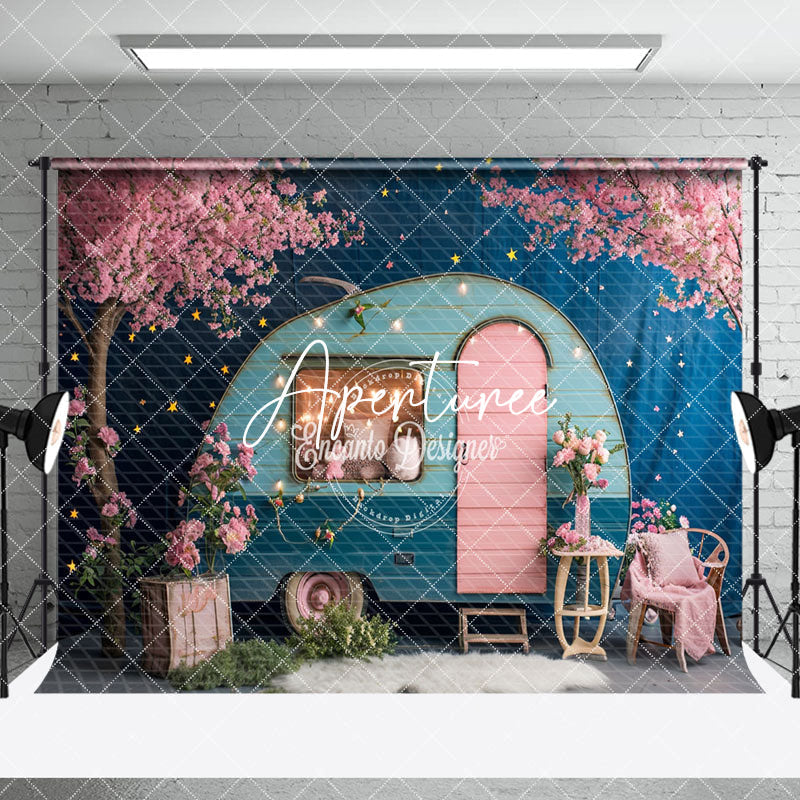 Aperturee - Aperturee Retro Blue Rv Pink Floral Wedding Room Set Backdrop