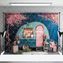 Aperturee - Aperturee Retro Blue Rv Pink Floral Wedding Room Set Backdrop