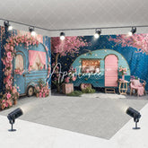 Aperturee - Aperturee Retro Blue Rv Pink Floral Wedding Room Set Backdrop