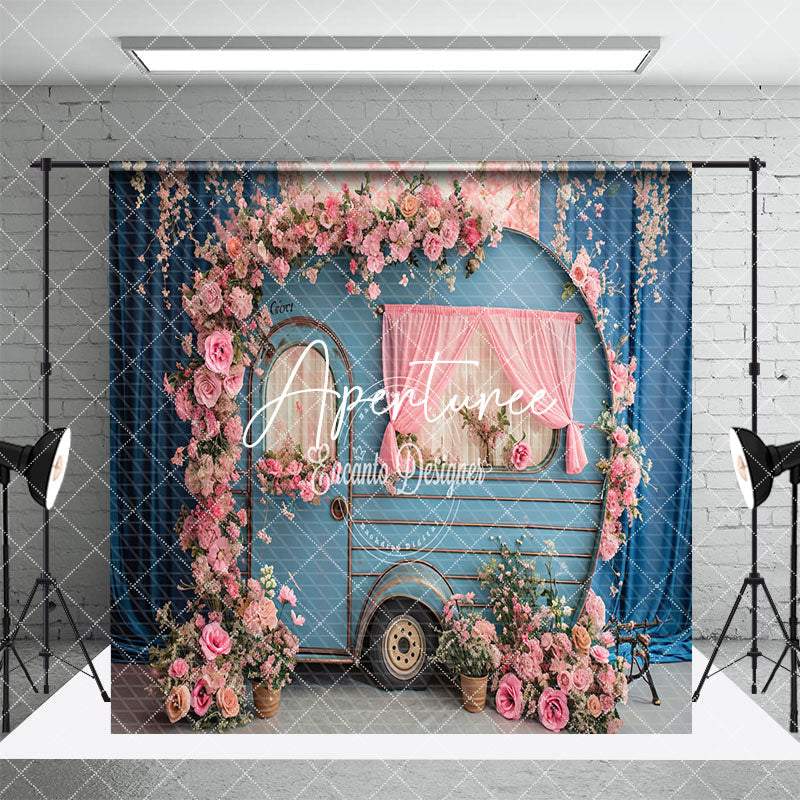 Aperturee - Aperturee Retro Blue Rv Pink Floral Wedding Room Set Backdrop