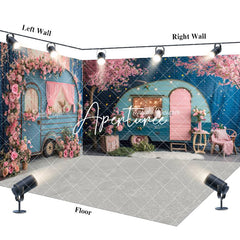 Aperturee - Aperturee Retro Blue Rv Pink Floral Wedding Room Set Backdrop