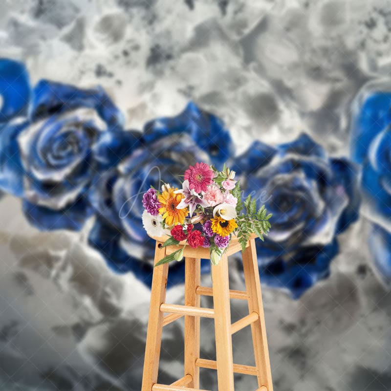 Aperturee - Aperturee Retro Blue Silver Abstract Floral Photo Backdrop