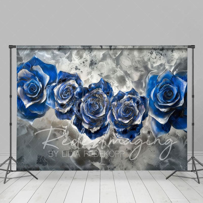 Aperturee - Aperturee Retro Blue Silver Abstract Floral Photo Backdrop