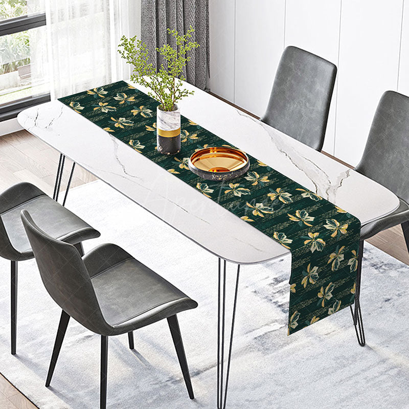Aperturee - Aperturee Retro Botanical Table Runner with Dark Green Lines and Plants for Mid-Century Modern Dining Decor