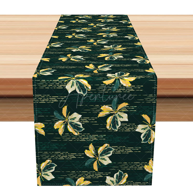 Aperturee - Aperturee Retro Botanical Table Runner with Dark Green Lines and Plants for Mid-Century Modern Dining Decor