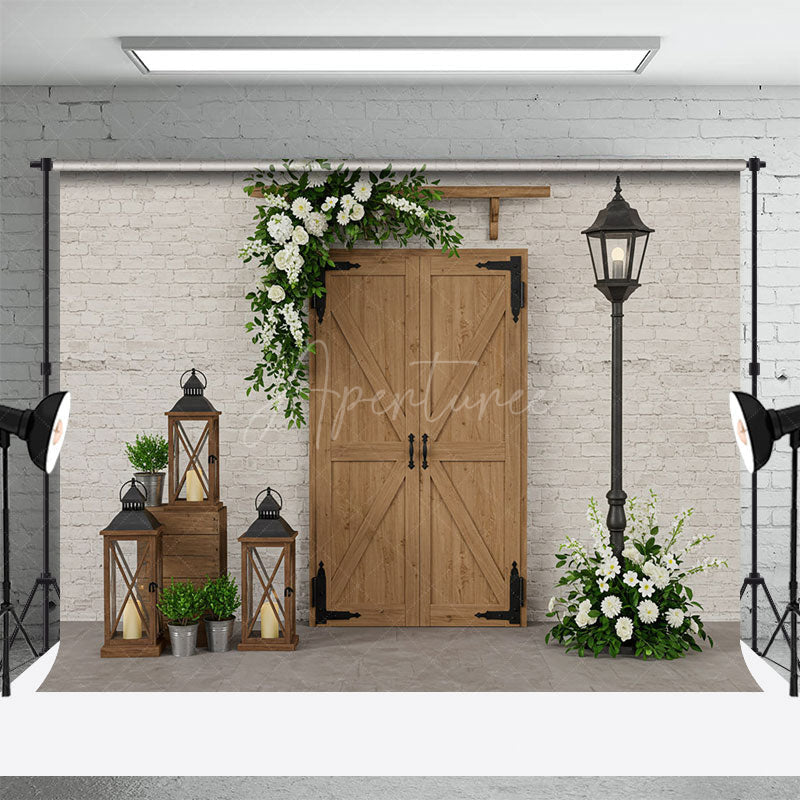 Aperturee - Aperturee Retro Bricks Wall Greenery Wood Door Photo Backdrop