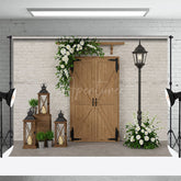 Aperturee - Aperturee Retro Bricks Wall Greenery Wood Door Photo Backdrop