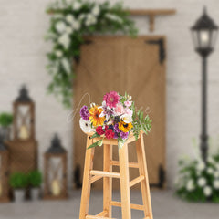 Aperturee - Aperturee Retro Bricks Wall Greenery Wood Door Photo Backdrop