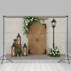 Aperturee - Aperturee Retro Bricks Wall Greenery Wood Door Photo Backdrop