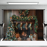 Aperturee - Aperturee Retro Brown Fireplace Tree Gifts Christmas Backdrop