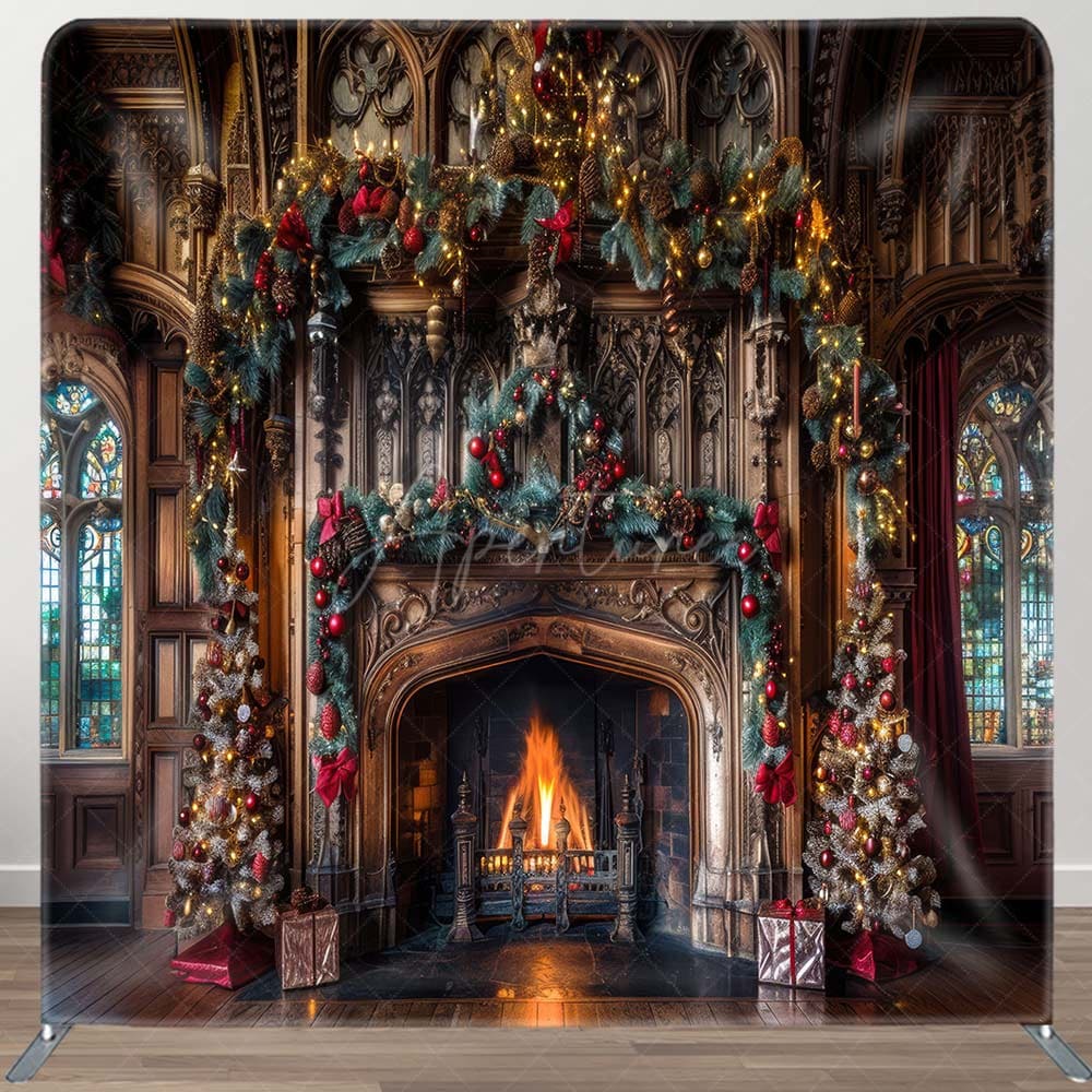 Aperturee - Aperturee Retro Brown Wall Fireplace Tension Fabric Backdrop