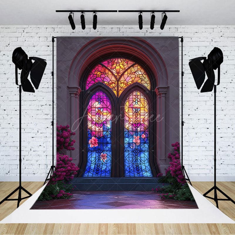Aperturee - Aperturee Retro Colorful Glass Window Floral Photo Backdrop