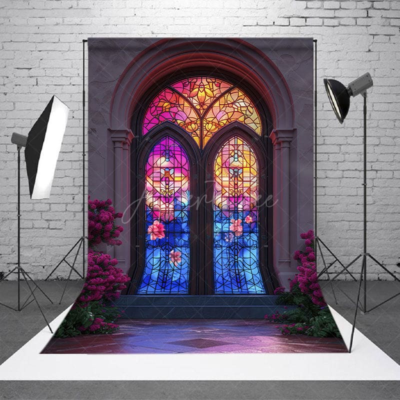 Aperturee - Aperturee Retro Colorful Glass Window Floral Photo Backdrop