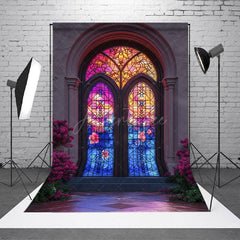 Aperturee - Aperturee Retro Colorful Glass Window Floral Photo Backdrop