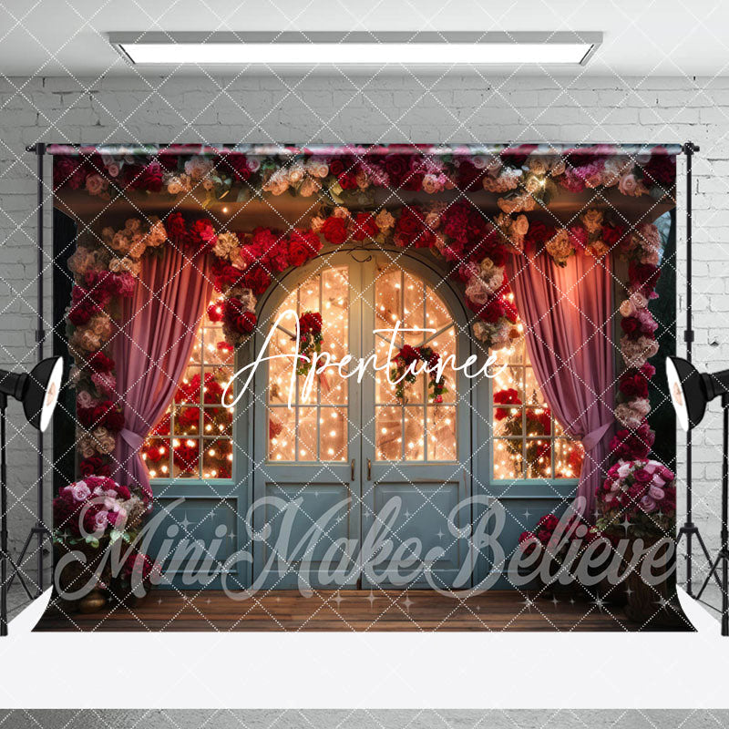 Aperturee - Aperturee Retro Door Curtain Lighted Floral Room Set Backdrop