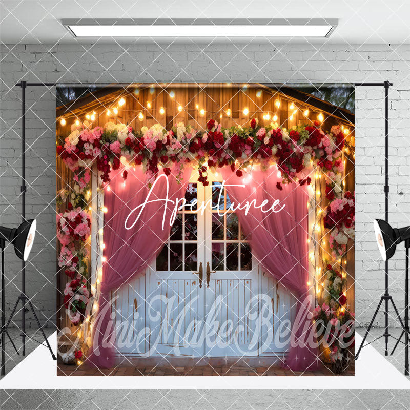 Aperturee - Aperturee Retro Door Curtain Lighted Floral Room Set Backdrop