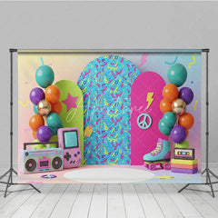 Aperturee - Aperturee Retro Gaming Birthday Backdrop Pastel Rainbow Gameboy and Boombox Cake Smash Photography Background