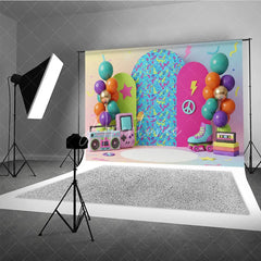Aperturee - Aperturee Retro Gaming Birthday Backdrop Pastel Rainbow Gameboy and Boombox Cake Smash Photography Background