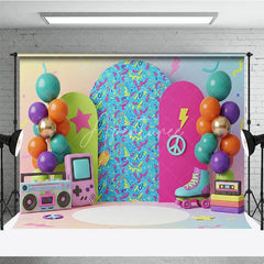 Aperturee - Aperturee Retro Gaming Birthday Backdrop Pastel Rainbow Gameboy and Boombox Cake Smash Photography Background