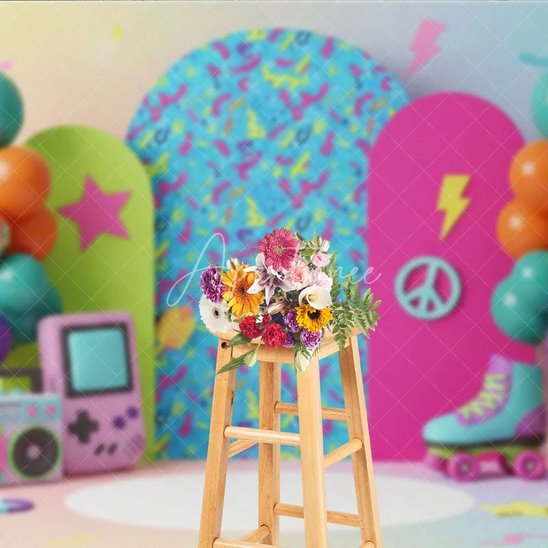 Aperturee - Aperturee Retro Gaming Birthday Backdrop Pastel Rainbow Gameboy and Boombox Cake Smash Photography Background