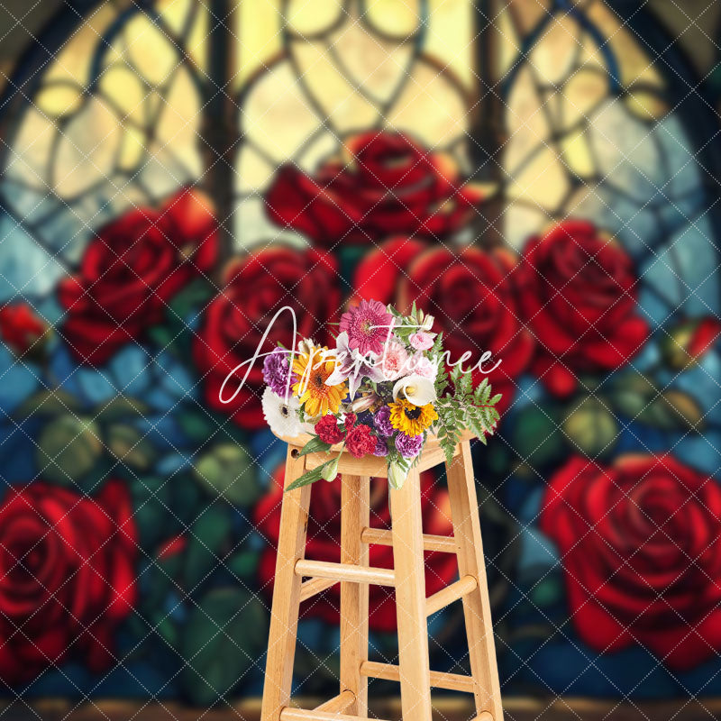 Aperturee - Aperturee Retro Glass Windows Red Rose Valentines Day Backdrop