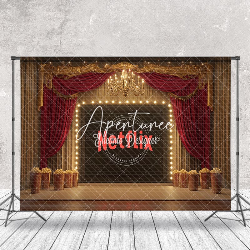 Aperturee - Aperturee Retro Gold Stage Red Curtain stage Photo Backdrop